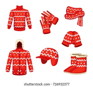 Clothes at christmas holiday style. Vector illustrations for winter season. Scarf and sweater clothing, winter wear mitten knitted