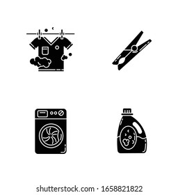 Clothes cleaning items black glyph icons set on white space. Clothing washing and outdoor drying. Washer and laundry detergent, pin and clothesline. Silhouette symbols. Vector isolated illustration