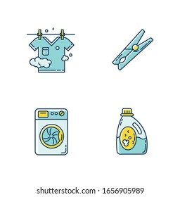 Los elementos de limpieza de la ropa los iconos de color RGB azul y amarillo. Lavado de ropa y secado al aire libre. Lavadora y detergente para lavado, vástago y tendedero. Ilustraciones vectoriales aisladas
