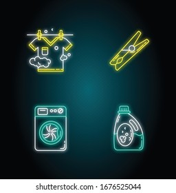 Clothes cleaning items neon light icons set. Clothing washing and drying. Washer and laundry detergent, pin and clothesline. Signs with outer glowing effect. Vector isolated RGB color illustrations