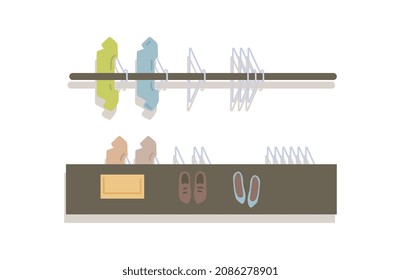 Clothes closet from top view - fashion clothing items hanging on hangers inside wardrobe isolated on white background. Vector illustration of garments and shoes