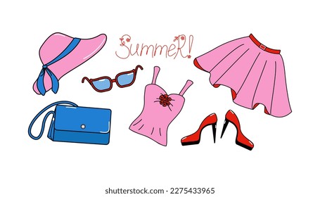 Clothes Clothing, summer  and accessories are women's  bright. Set of multicolored skirt, bag, shoes, sunglasses and hat in doodle style. Inscription, text. Hello Summer.Vector illustration. 