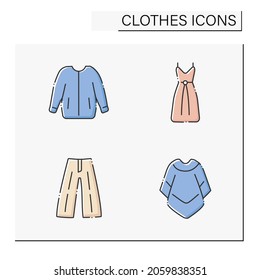 Clothes color icons set. Trendy outfits. Bomber jacket, drawstring dress, mucho poncho and blazer. Fashionable clothing. Shopping concept. Isolated vector illustration