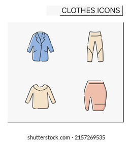 Clothes color icons set. Trendy outfits. Coat, jeans, mini skirt and sweater. Fashionable clothing. Shopping concept. Isolated vector illustration