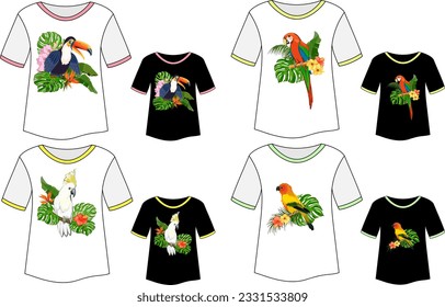 Clothes with a color print.Vector set of clothes on a transparent background with colorful prints of tropical flora and fauna.