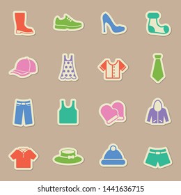 clothes color sticker vector icons. clothes paper labels with transparent shadow on beige background for web, mobile and user interface design