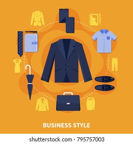 Clothes colored concept with business style description and wardrobe items dark mens suit vector illustration