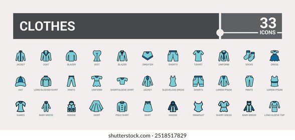 Clothes colorful icons collection. Related to shirt, pants, shoes, shorts and more. Line icon for web and ui. Vector illustration. Icon names are written in English.