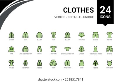 Clothes colorful icons collection. Related to shirt, pants, shoes, shorts and more. Line icon for web and ui. Vector illustration. Icon names are written in English.