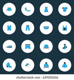 Clothes Colorful Icons Set. Collection Of Dress, Evening Gown, Female Boots And Other Elements. Also Includes Symbols Such As Socks, Waistcoat, Beanie.