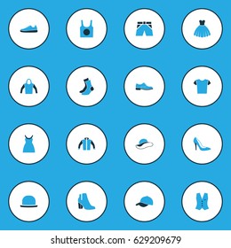 Clothes Colorful Icons Set. Collection Of Sneakers, Evening Gown, Vest And Other Elements. Also Includes Symbols Such As Waistcoat, Sweatshirt, Heels.