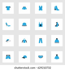 Clothes Colorful Icons Set. Collection Of Panties, Skirt, Heels And Other Elements. Also Includes Symbols Such As Sox, Socks, Headgear.