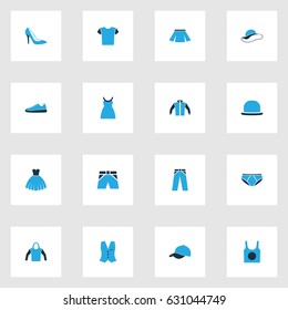 Clothes Colorful Icons Set. Collection Of Sweatshirt, T-Shirt, Shorts And Other Elements. Also Includes Symbols Such As Singlet, Gumshoes, Tunic.