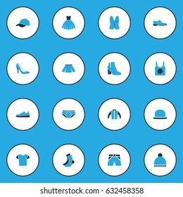 Clothes Colorful Icons Set. Collection Of Heels, T-Shirt, Underwear And Other Elements. Also Includes Symbols Such As Outfit, Wear, Gown.