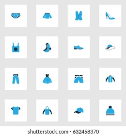 Clothes Colorful Icons Set. Collection Of Sweatshirt, Trousers, Evening Gown And Other Elements. Also Includes Symbols Such As Underpants, Shirt, Shorts.
