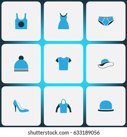 Clothes Colorful Icons Set. Collection Of Elegant Headgear, T-Shirt, Heels And Other Elements. Also Includes Symbols Such As Ski, Dress, Pants.