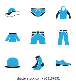 Clothes Colorful Icons Set. Collection Of Shorts, Trousers, Man Footwear And Other Elements. Also Includes Symbols Such As Briefs, Hat, Girl.