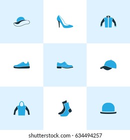 Clothes Colorful Icons Set. Collection Of Elegant Headgear, Heels, Sneakers And Other Elements. Also Includes Symbols Such As Half-Hose, Footwear, Sneakers.