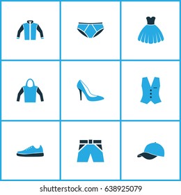 Clothes Colorful Icons Set. Collection Of Shorts, Heels, Cap And Other Elements. Also Includes Symbols Such As Vest, Underpants, Waistcoat.