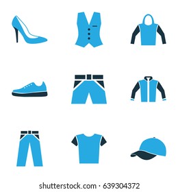 Clothes Colorful Icons Set. Collection Of Trousers, Cap, Vest And Other Elements. Also Includes Symbols Such As Sneakers, Heels, Outfit.