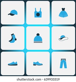 Clothes Colorful Icons Set. Collection Of Beanie, Sneakers, Cap And Other Elements. Also Includes Symbols Such As Half-Hose, Underwear, Gown.