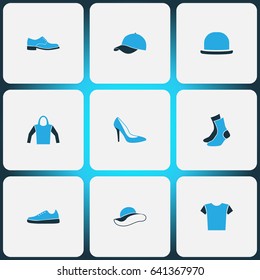 Clothes Colorful Icons Set. Collection Of Sneakers, Heels, Sweatshirt And Other Elements. Also Includes Symbols Such As Headgear, Cap, Blouse.