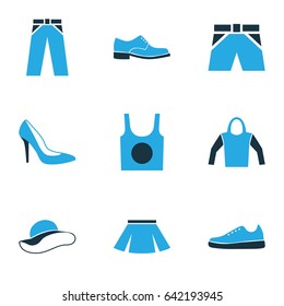 Clothes Colorful Icons Set. Collection Of Elegant Headgear, Man Footwear, Sneakers And Other Elements. Also Includes Symbols Such As Underwear, Shirt, Shoes.