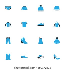 Clothes Colorful Icons Set. Collection Of Jacket, Sneakers, Female Boots And Other Elements. Also Includes Symbols Such As Man, Underpants, Panama.