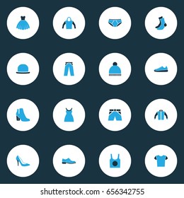 Clothes Colorful Icons Set. Collection Of Shorts, Sweatshirt, Dress And Other Elements. Also Includes Symbols Such As Gumshoes, Ski, Woman.