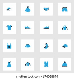 Clothes Colorful Icons Set. Collection Of Evening Gown, Beanie, Jacket And Other Elements. Also Includes Symbols Such As Boots, Skirt, Blouse.