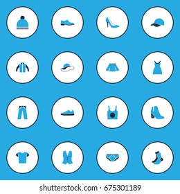 Clothes Colorful Icons Set. Collection Of Man Footwear, T-Shirt, Trousers And Other Elements. Also Includes Symbols Such As Outfit, Singlet, Sneakers.