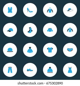 Clothes Colorful Icons Set. Collection Of Panama, Heels, Cap And Other Elements. Also Includes Symbols Such As Skirt, Hat, Blouse.