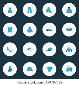 Clothes Colorful Icons Set. Collection Of Beanie, Elegant Headgear, Evening Gown And Other Elements. Also Includes Symbols Such As Breeches, Windbreaker, Headgear.