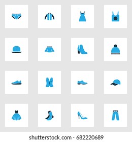 Clothes Colorful Icons Set. Collection Of Skirt, Sneakers, Underwear And Other Elements. Also Includes Symbols Such As Wear, Man, Tunic.