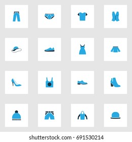 Clothes Colorful Icons Set. Collection Of Man Footwear, Panties, Heels And Other Elements. Also Includes Symbols Such As Blouse, Underwear, Briefs.