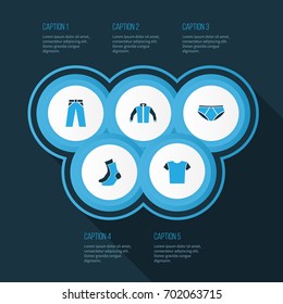 Clothes Colorful Icons Set. Collection Of T-Shirt, Jacket, Trousers And Other Elements. Also Includes Symbols Such As Trousers, Pants, Panties.