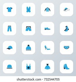 Clothes Colorful Icons Set. Collection Of Underwear, Trousers, Elegant Headgear And Other Elements. Also Includes Symbols Such As Vest, Gown, Windbreaker.