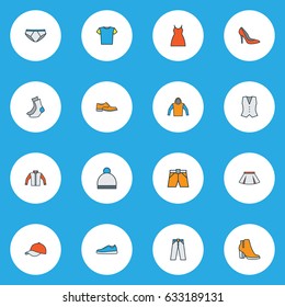 Clothes Colorful Outline Icons Set. Collection Of Vest, Socks, Dress And Other Elements. Also Includes Symbols Such As Beanie, Waistcoat, Hat.