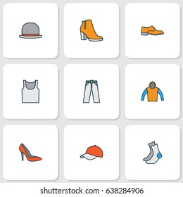 Clothes Colorful Outline Icons Set. Collection Of Female Boots, Trousers, Man Footwear And Other Elements. Also Includes Symbols Such As Underwear, Pants, Boots.