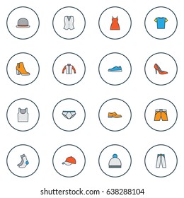 Clothes Colorful Outline Icons Set. Collection Of Sneakers, Heels, Beanie And Other Elements. Also Includes Symbols Such As Briefs, Shorts, Panama.