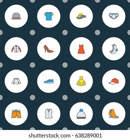 Clothes Colorful Outline Icons Set. Collection Of Evening Gown, Sneakers, Jacket And Other Elements. Also Includes Symbols Such As Headgear, Gown, Briefs.