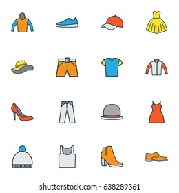 Clothes Colorful Outline Icons Set. Collection Of Dress, Cap, Shorts And Other Elements. Also Includes Symbols Such As Woman, Shirt, Gown.