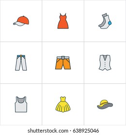 Clothes Colorful Outline Icons Set. Collection Of Dress, Socks, Trousers And Other Elements. Also Includes Symbols Such As Panama, Headgear, Singlet.