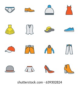 Clothes Colorful Outline Icons Set. Collection Of Sweatshirt, Sneakers, Panties And Other Elements. Also Includes Symbols Such As Mini, Beanie, Dress.