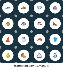 Clothes Colorful Outline Icons Set. Collection Of Elegant Headgear, Jacket, Sweatshirt And Other Elements. Also Includes Symbols Such As Cap, Shoe, Underwear.
