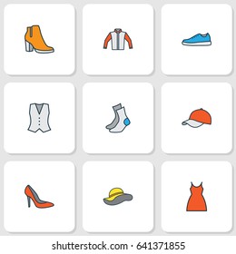 Clothes Colorful Outline Icons Set. Collection Of Cap, Elegant Headgear, Socks And Other Elements. Also Includes Symbols Such As Heels, Socks, Gumshoes.