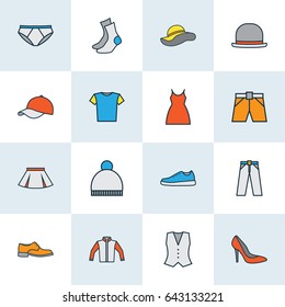 Clothes Colorful Outline Icons Set. Collection Of Jacket, Elegant Headgear, Man Footwear And Other Elements. Also Includes Symbols Such As Sneakers, Fedora, Ski.