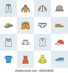 Clothes Colorful Outline Icons Set. Collection Of Evening Gown, Shorts, Jacket And Other Elements. Also Includes Symbols Such As Shorts, Outfit, Feminine.