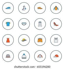 Clothes Colorful Outline Icons Set. Collection Of Sweatshirt, Underwear, Sneakers And Other Elements. Also Includes Symbols Such As Shoes, Shirt, Fedora.