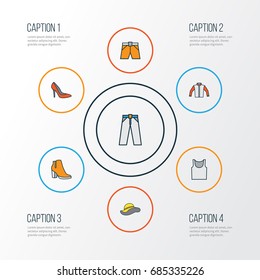 Clothes Colorful Outline Icons Set. Collection Of Underwear, Elegant Headgear, Jacket And Other Elements. Also Includes Symbols Such As Headgear, Shoe, Tunic.